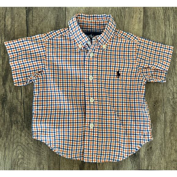 Ralph Lauren Infant 9 Months Orange & Blue Gingham Plaid Short Sleeve Button Up - Picture 7 of 7